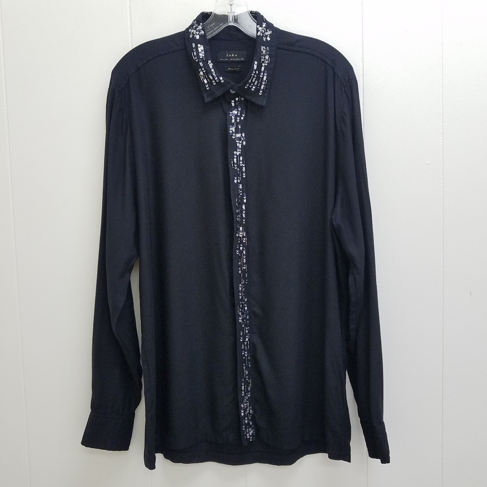Zara Embroidered Sequin Button Down Shirt
